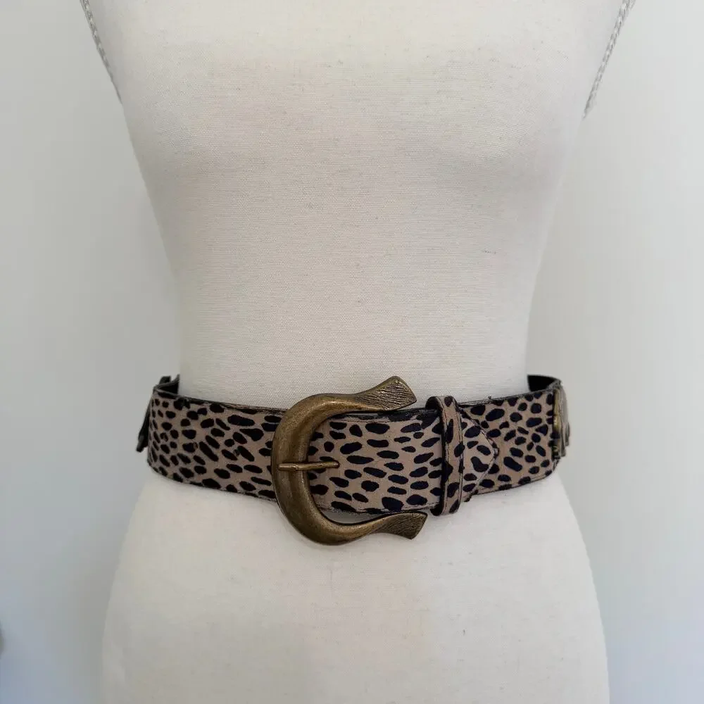 Vintage Made in USA Leopard Calf Hair Belt Brass Elephant Zebra Y2K Safari Small